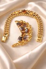 Vintage Amber Topaz Rhinestone Brooch Bracelet Set Gold Tone Leaf Spray Mid Cent picture