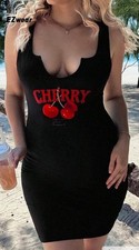 XXL 1X SEXY RED CHERRY PRINT BLACK TANK BODYCON VACAY CLUB DRESS + TORRID JEWELS picture