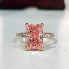 IGI Certified 3Ct Vivid Pink Radiant Cut Lab Grown Diamond Ring 14K Yellow Gold picture