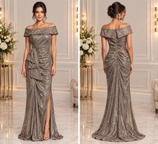 Xscape Sand Cascade Ruffle Detail Off the Shoulder Metallic Gown Size 18W $299 picture