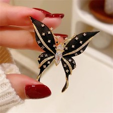 Vintage Black Enamel Butterfly Brooch Gold Tone Crystal Rhinestone Pin picture