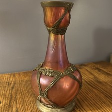 Antique c.1900 RICESZINN Bohemian Art Nouveau Pink Iridescent Glass Vase No. 597 picture