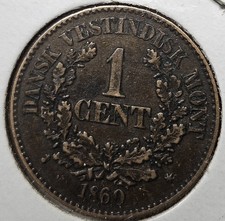 1860 Danish West Indies 1 Cent Bronze Coin picture