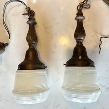 PAIR VTG Antique Pendant Schoolhouse Lights Milk clear Brass Reclaimed Salvage 2 picture