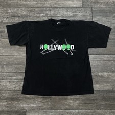 VTG 1996 HOLLYWOOD SIGN ALIENS SHORT SLEEVE T-SHIRT CONSPIRACY BLACK TEE SZ L picture