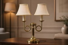 Vintage Alsy Baldwin Brass two-armed table lamp with French horn arms 17.5” picture