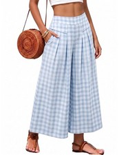 Athlisan Womens Summer Gingham Plaid Culottes Pants Elastic Waist Wide Leg Capri picture