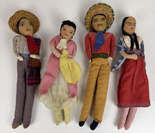 Vintage Cloth Handmade Mexican Folk Art Dolls 12” - 14” Lot Of 4 2 Male 2 Female picture
