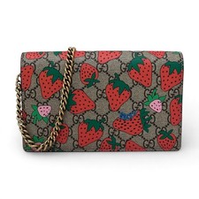`Pre-Owned Gucci GG Supreme Strawberry Print Chain Wallet Crossbody Shoulder Bag picture