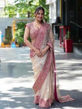 Elegant Off White Glass Organza Silk Saree With UN Stitch Blouse For Women picture