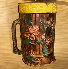 Antique Victorian Majolica Pitcher Barrel Form Wild Rose Flower England c. 1890s picture