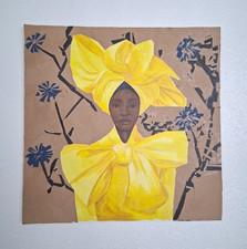 Contemporary Portrait Painting Woman in Yellow Headwrap on Paper, Unframed picture