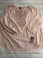 Chaps Blouse Womens 2X Plus Pink Embroidered Scoop Neck 3/4 Sleeve Tunic Top picture