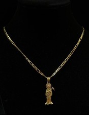 14K Yellow Gold Figaro Chain Necklace with Two-Tone Santa Muerte Pendant – 10.9g picture