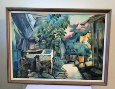 Vintage 1970s Juan Ramirez Custom-Framed Oil Painting - Mexican Courtyard Scene picture