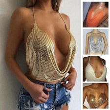 Sexy Women V Neck Sequined Halter Backless Chain Plunge Tank Vest Crop Tops Cami picture