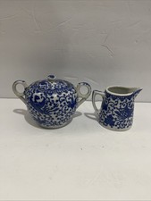 Vintage Blue & White Flying PHOENIX Turkey Bird Creamer And Sugar Bowl Set picture