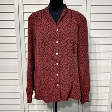 Vintage 90s Worthington Red Black Abstract Blouse Women Size M Button Front USA picture