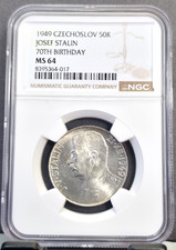 1949 CZECHOSLOVAKIA SILVER 50 KORUN JOSEF STALIN 70TH BIRTHDAY NGC MS 64 RARE BU picture