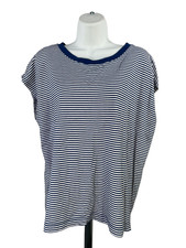 LOFT Women's Blue/White Striped Cap Sleeve Crewneck T-Shirt - M picture