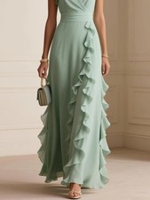 Women's Elegant Solid Color Ruffle Sleeveless Sexy V-Neck Long Dress Fashionable picture