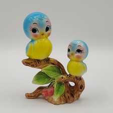 Vtg Anthropomorphic Bluebirds Ceramic Figurine Two Birds on Cherry Branch picture