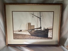 Milo Duke Original Watercolor Painting Beached Sailboat Castle Hand Signed Frame picture