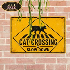 Cat Crossing Caution Street Road Guard Pet Store Barn Metal Tin Sign Decor Art picture