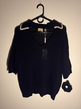 Elie Tahari Crochet Knit Polo Sweater Size L Navy Blue Cotton V-Neck New picture