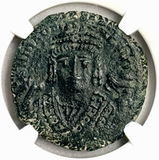Maurice Tiberius AD 582-602 AE Follis NGC Choice XF Antioch Year 14 Byzantine picture