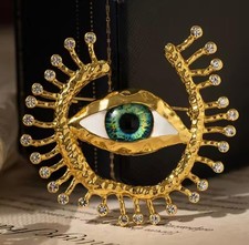 Schiaparelli Inspired Evil Eye Brooch Surrealist Hammered Gold With Rhinestones picture