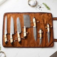 Hand Forged Damascus Steel Professional Kitchen Knives 7pc Set with Leather Bag picture