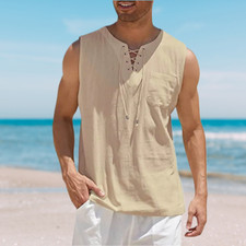 Men's Sleeveless Shirt Tank Top Lace Up Cotton Casual Plain Summer Vest 5 COLORS picture