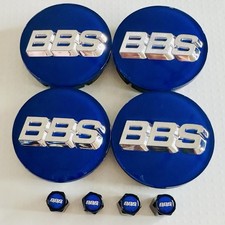 4pc 3D Silver Blue OEM BBS 56mm Center Caps 56.24.012 & 4pc Black Valve Caps picture