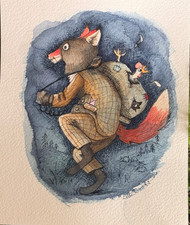 OOAK Origional watercolor Fox robbing a Chicken coop  by artist Edith Schmidt picture
