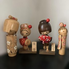 Vintage Kokeshi Lot of 4 Showa Retro Japanese Wooden Doll incl 2 on Stands picture