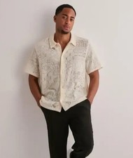 Les Deux Hector Short Sleeve Lace Shirt Men's Medium Ivory Button Front Closure picture