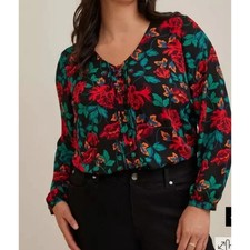 TORRID Top Womens Size 1X 14-16 Georgette Pintuck Button Front Black Floral NEW picture