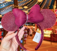 Disney Parks 2026 Burgundy Sparkly Mickey Minnie Bow Ear Headband New picture