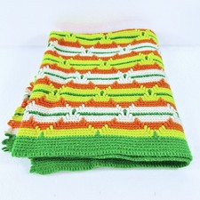 1970s Crochet Afghan Blanket Throw Striped Orange Green Yellow Grannycore 52x36