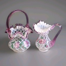1995 Lynn Fenton Signature Series Hand Painted Trellis Basket & Pitcher Mint picture