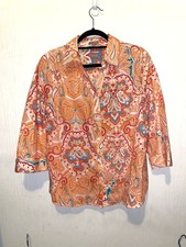 Chico's No Iron Orange Paisley 3/4 Sleeve Button Up Shirt Size 2 Large picture