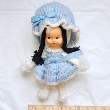 Vintage Handmade(?) Doll Crochet Dress Bonnet Rope Yarn Arms Legs, Plastic Head picture