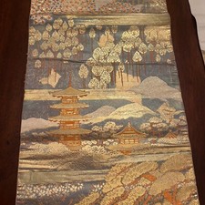 Authentic Japanese Gold Silk Obi Zen Temple Landscape Pattern 164