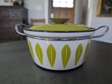 Vintage Cathrine Holm Lotus Enamel Casserole Dish  Chartreuse Green White 8