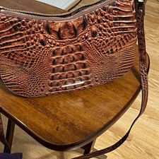 Brahmin Brown Croc Embossed Leather Shoulder Bag Zip Top Gold Hardware Charm picture