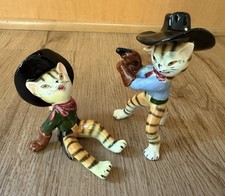 Lot Of 2-Vintage 1950's JAPAN Ceramic Cat Figurine Western Fighter-1 Repaired picture