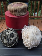 Women's Vintage Antique Pillbox Hat Bundle With Travel Case Mink Neiman Marcus  picture