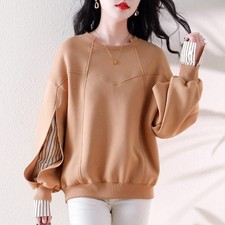 Real shot new ribbed neckline striped stitching top design sense irregular divid picture