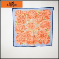 Hermes Carre 90 Les Pivoines Silk Scarf Orange Peony Print Excellent picture